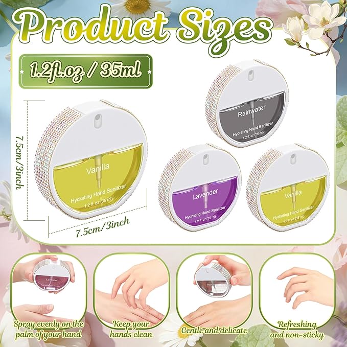 3 Pcs Power Mist Hydrating Hand Sanitizer Spray Bulk Travel Size Hand Sanitizer Spray Pocket 1.2 oz White Circular Bottle with Rhinestone for Daily Use Mother's Day End of Year Teachers Gifts