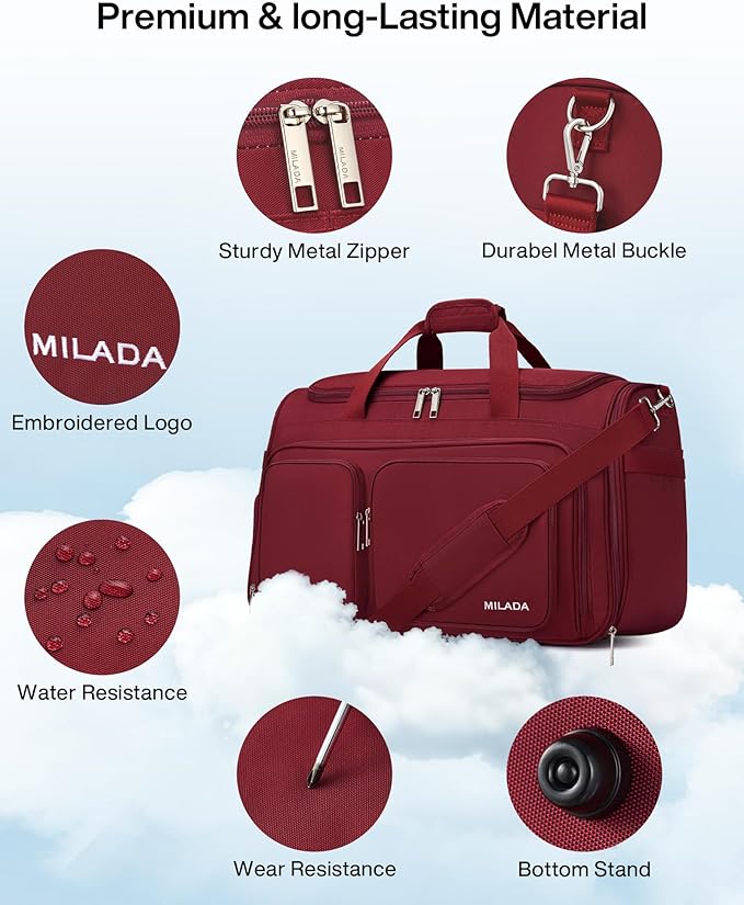 MILADA Carry On Luggage Bags for Travel Lightweight Personal Item Travel Bag Foldable Large Duffle Bag for Travel Tote Overnight Bags for Women Mens Weekender Bags, Burgundy