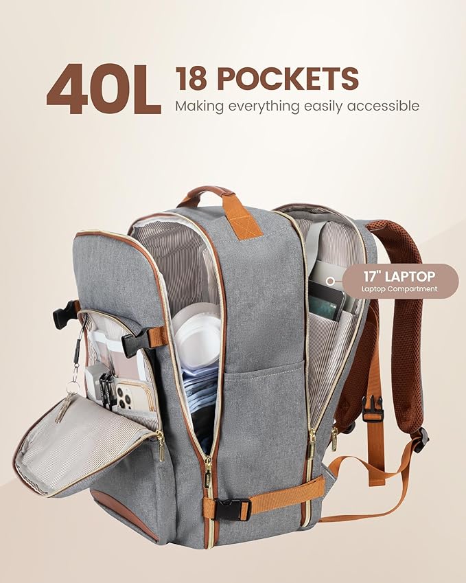 LOVEVOOK Travel Backpack for Women & Men 40L,Airline Approved Carry On Backpack Travel Essentials,TSA Carry on Luggage,Waterproof Personal Item Travel Bag,Suitcase with 3 Packing Cubes,Grey-Brown