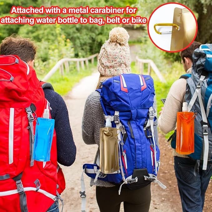 smilixin 10 Pack Collapsible Water Bottles,Reusable Drinking Water Bags with Carabiner Clip,480ml Travel Water Bottle,Leak Proof Water Bottles for Camping,Hiking Travel,Gym,Sports,Biking,BPA Free