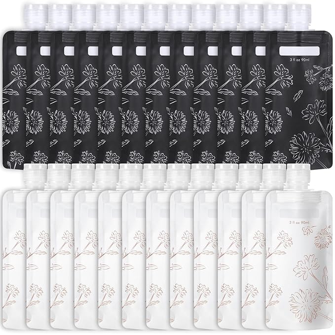 PACKISM 24 Pack Travel Pouches for Toiletries - 3 oz Leak Proof TSA Approved Liquid Containers, Squeeze Bags for Shampoo Lotion, Space Saving Refillable Carriers, Black Beige Chamomile
