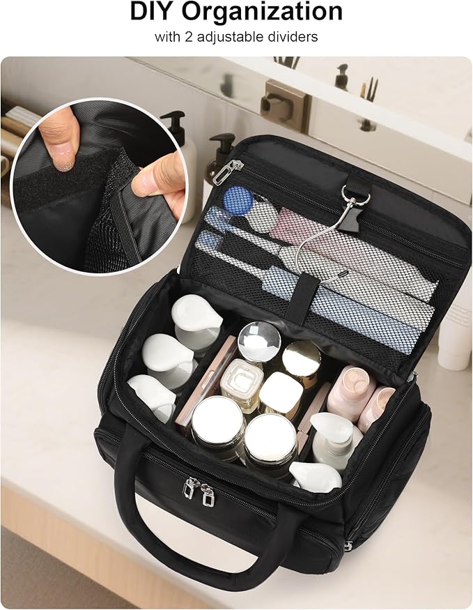 Hanging Toiletry Bag for Women - Travel Makeup Organizer with Brush Compartment, Portable Cosmetic Case with Removable Dividers for Full-Size Container, Lightweight Travel Bag for Trip - Black
