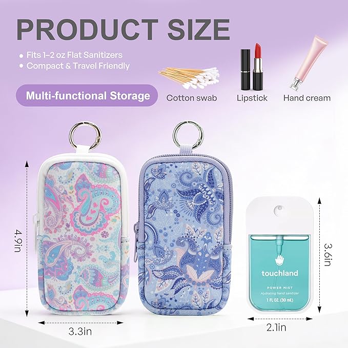 KJQJLY 2 Pack Hand Sanitizer Holder Pouch, Zippered Portable Sanitizer Case with Cute Pattern, Keychain D-Ring for Purse, Backpack & Travel