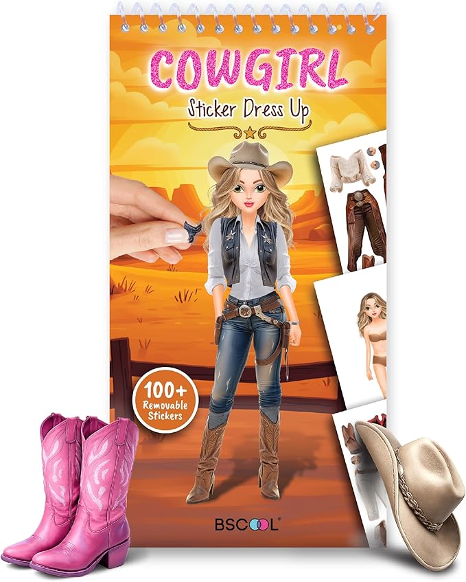 BSCOOL Sticker Dress up Books - Sticker Activity Book for Kids. Learn Girls Fashion Design with Stickers and Guides for Kids 5 and up. Little Designer Creativity Book. (Sticker Dress Up Cowgirl)