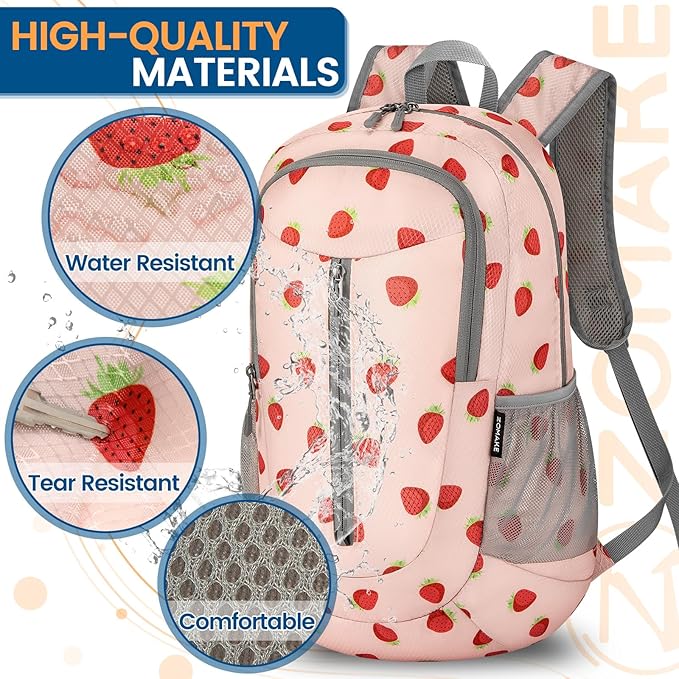 ZOMAKE Ultra Lightweight Packable Backpack 25L - Foldable Hiking Backpacks Water Resistant Small Folding Daypack for Travel(Strawberry print)