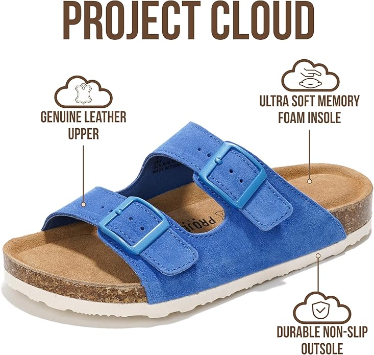 Project Cloud 100% Genuine Leather Flat Sandals For Women 2026 Cork Footbed Womens Sandals with Memory Foam and arch support Vacation Essentials Slides for Women Footwear (Venita)
