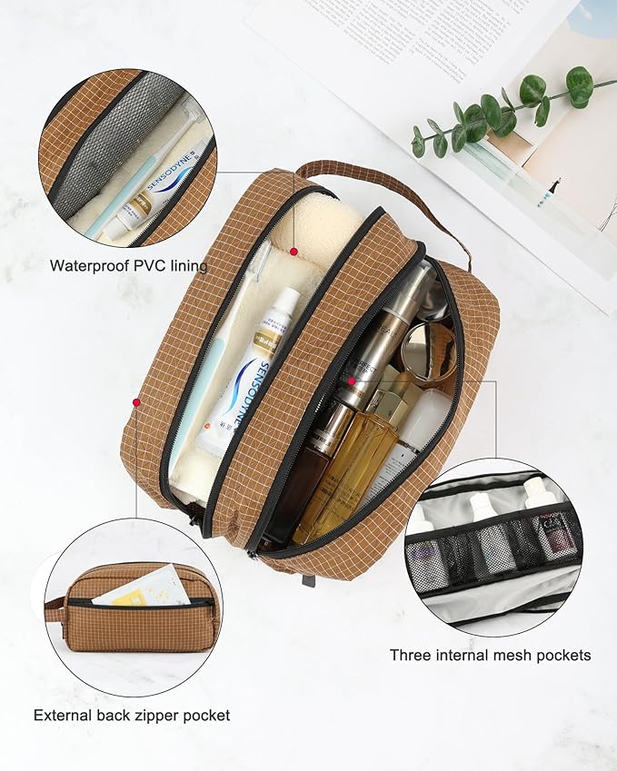GOX Small Travel Toiletry Bag for Men, Dopp Kit, Water-Repellent Nylon, TSA Carry-On Leakproof Cosmetic Organizer (10.4"x5.5"x5.1") & Carry Handle (Brown)