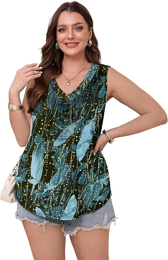 OFEEFAN Tank Top for Women Loose Fit Sleeveless Shirts V Neck Summer Clothes Ruched Women's Tees and Tanks Curved Hem