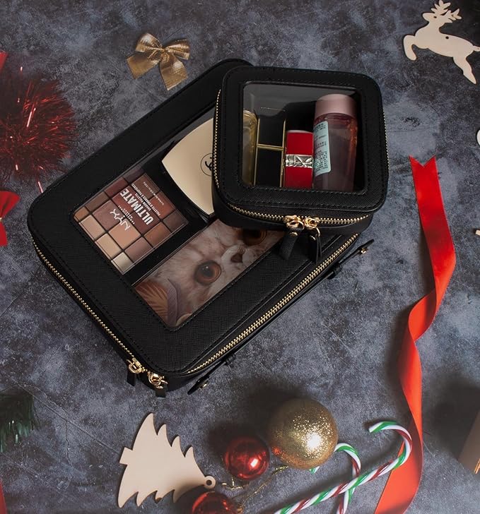 LETGO Clear Makeup Bag Set, Portable Travel Toiletry Bag Cosmetic Case for Women, Vegan Leather Make up Pouch Organizer Car Bag for Essentials (Mini+Large Black)