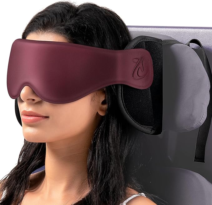 Travel Pillow, Airplane Neck Pillow with 3D Eye Mask for Sleeping, Round Edge Plane Head Strap 360°Headrest Support for Long Flight, Stop Bobblehead, Travel Essential for Car Road Trip Red
