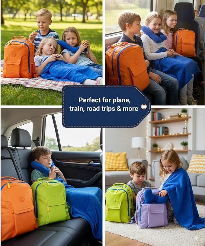 3pc Airplane Travel essentials Kids travel backpack for airplane, air tagholder for kids pillow and blanket | Toddler travel essentials