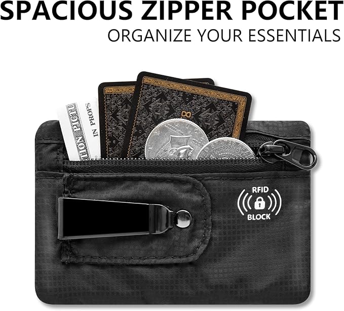 KOSMCCO RFID Blocking Clip Stash Pocket, Compact Hidden Travel Belt Wallet for Cards & Cash - Slim Pickpocket-Proof Design for Everyday Carry (Black, Medium)