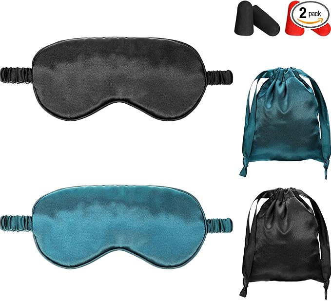 Silk Satin Sleeping Mask Eye Mask Set Include 2 Blindfold Eyeshade Elastic Strap Double Layer Silk Filling Eye Cover 2 Ear Plugs 2 Storage Bags for Women and Men Sleep Travel Nap (Black, Dark Green)