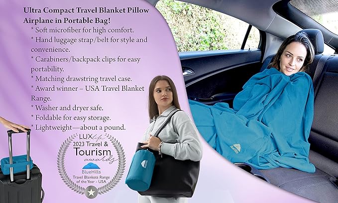 BlueHills Ultra Compact Travel Blankets Value Pack Set of 2 - Airplane Traveling Essentials Soft Flight Blanket Throw in a Portable case with Strap for Travel Gift – Peacock Teal and Pink