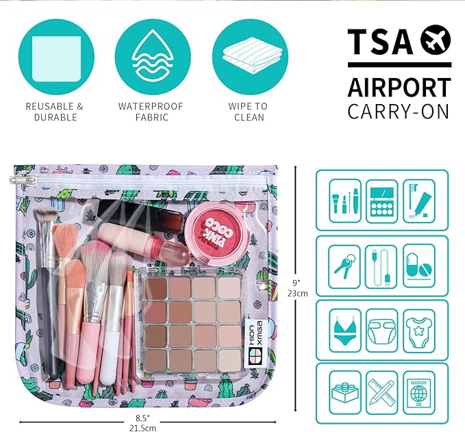 HIONXMGA TSA Approved Toiletry Bag, Set of 3 Clear Travel Toiletry Bag Quart Size Zipper Travel Pouch, Waterproof Makeup Cosmetic Bag for Women Men Kids Toiletries Carry on, Cacti Large