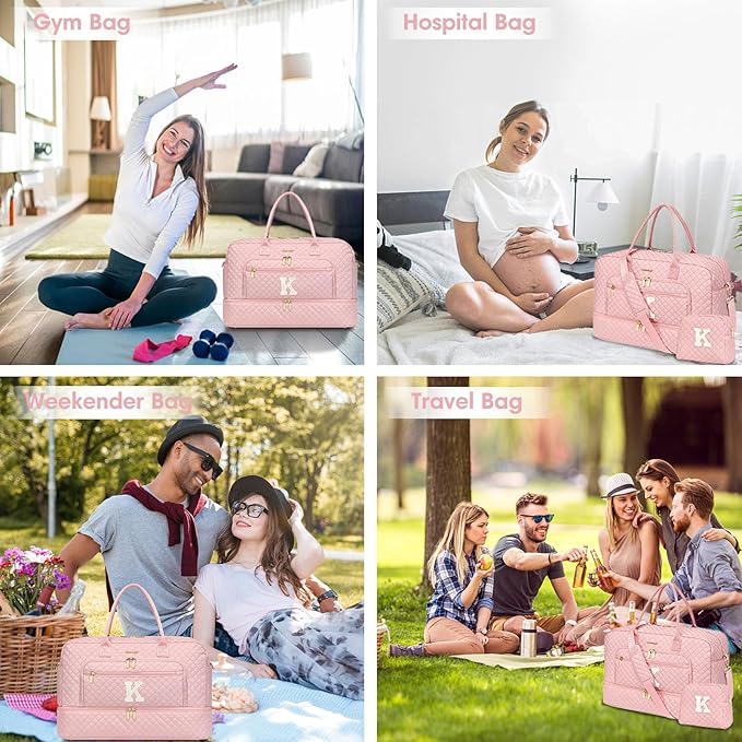 Initial Travel Duffle Bag for Women - Pink Personalized Weekender bags Overnight Bag with Shoe Compartment & Wet Pocket Weekend Tote Bags with Toiletry Bag Monogram Christmas Gifts (Letter K)