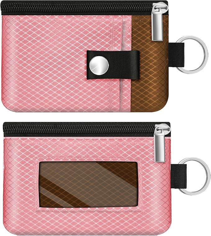 Minimalist RFID Blocking Small Wallet with ID Window,WaterResistant Zip Id Case Wallet with Lanyard Keychain for Cards,Cash,Travel,Women,Men (Pink/Brown)