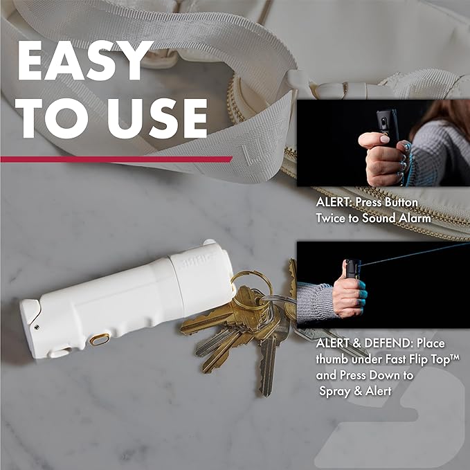 Sabre 2-in-1 Pepper Spray with 130dB Personal Alarm, Alert and Defend with One Press, Fast Flip Top Safety with Finger Grip and Tuck-Away Keyring, Maximum Strength, UV Marking Dye
