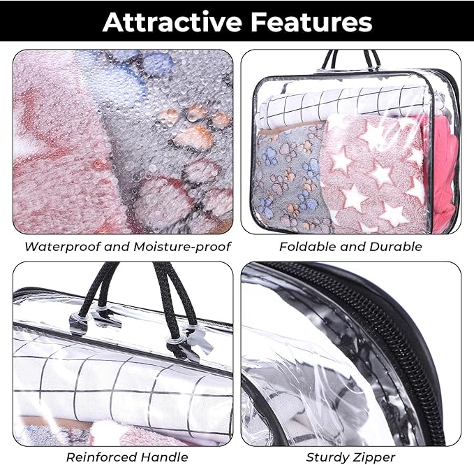 6 Pcs Large Clear Travel Packing Cube, See-Through PVC Organizer, Vinyl Zippered Storage Bags Multipurpose Pouch with Handle for Suitcase Pants, Cashmere, Sweaters Shirts Dress Storage