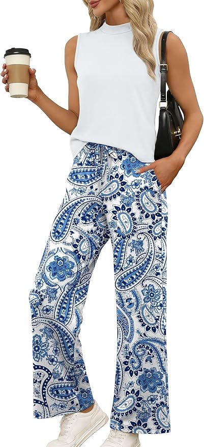 WIHOLL Two Piece Set for Women Summer Spring Outfits Cruise Travel Airport Beach Vacation Mock Neck Wide Leg Pants Set