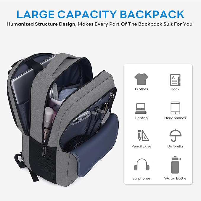 TANTOMI 17 Inch Travel Laptop Backpack for Men Women, Business Laptop Backpack with Anti Theft & USB Charging Port, Water Resistant Durable School Computer Backpack for Travel, Work, Daily Carry