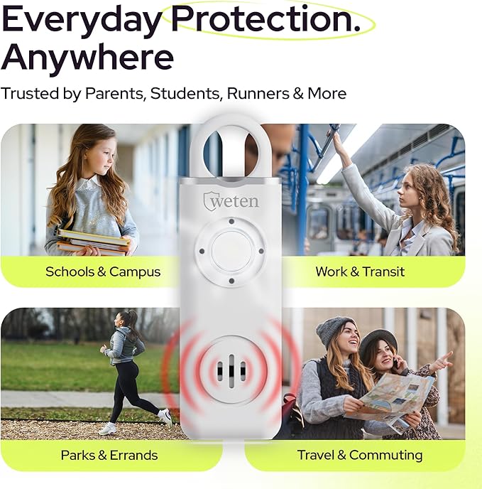 Personal Alarm for Women Safety - 130dB Loud Rechargeable Keychain Siren - LED Light, Carabiner Clip, Low Battery Alert, USB-C Charging TSA Safe Self Defense Alarm by Weten (White)