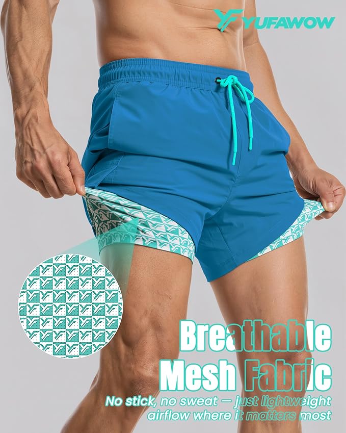 Men Swim Trunks with Compression Liner Quick Dry Breathable Multi Pockets for Summer Beach Cruise Water Park