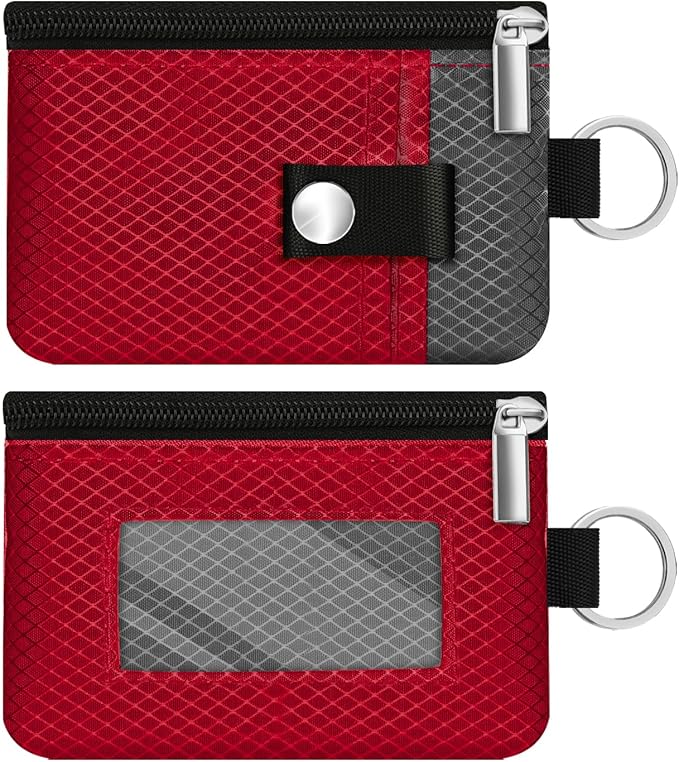 Minimalist RFID Blocking Small Wallet with ID Window,WaterResistant Zip Id Case Wallet with Lanyard Keychain for Cards,Cash,Travel,Women,Men (Red/Dark Grey)
