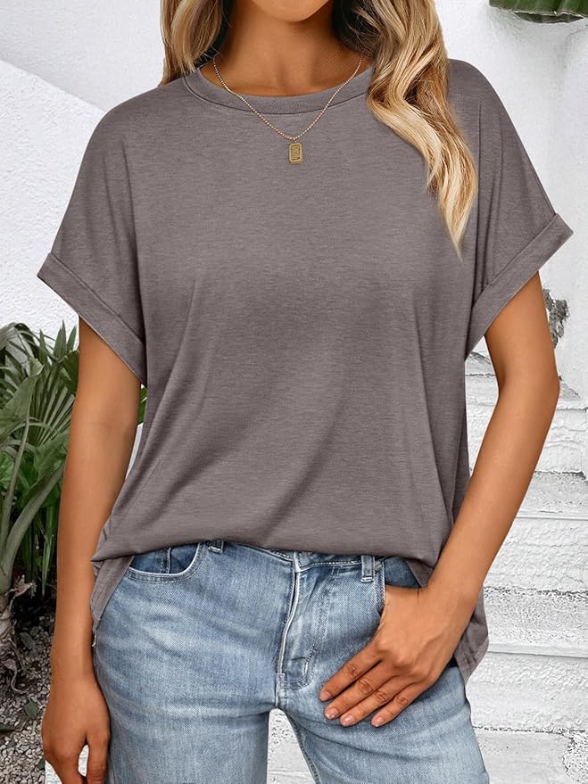 AUTOMET Women's Oversized Short Sleeve T Shirts Casual Drop Shoulder Rolled Cuff Summer Tops for Work, Travel and Lounge