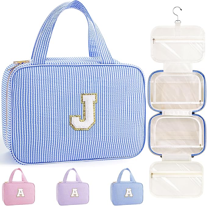 TOPEAST Travel Toiletry Bag Makeup Bag - Hanging Toiletry Bag for Women, Portable Toiletries Travel Bag and Cosmetic Bag, Airplane Travel Essentials Travel Toiletry Bag - Letter J, Blue