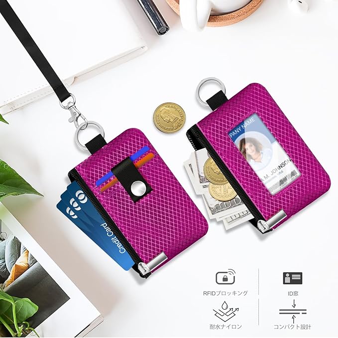 Minimalist RFID Blocking Small Wallet with ID Window,WaterResistant Zip Id Case Wallet with Lanyard Keychain for Cards,Cash,Travel,Women,Men (Purplish Red)
