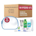 Convenience Kits International Unisex 9 Piece Hygiene Travel Kit with 2-in-1 Shampoo, Degree Deodorant, Crest Toothpaste, Body Wash, Comb, TSA Compliant Toiletry Bag (144 Kits)