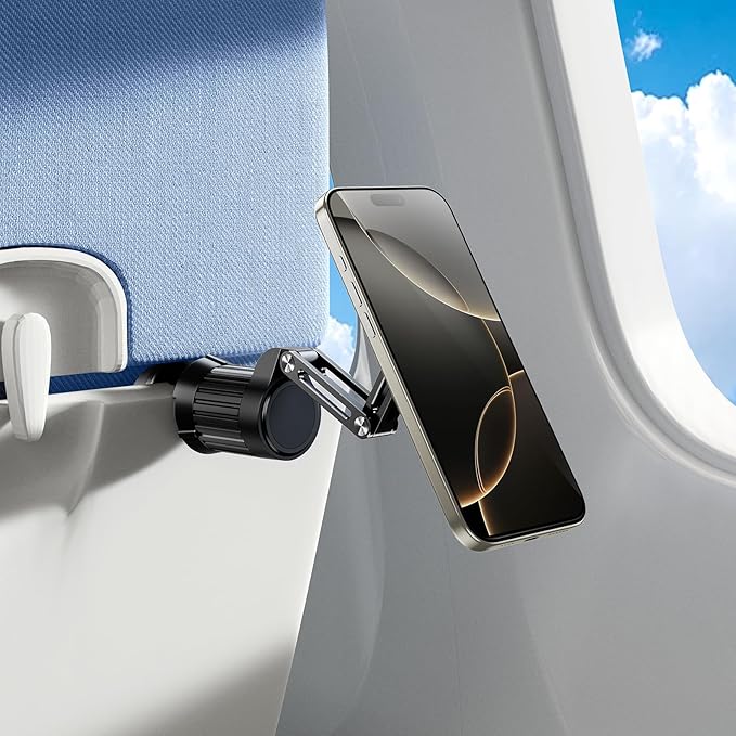 Magnetic Airplane Phone Holder Mount, Long Flight Essentials Travel Accessories for iPhone 16 15 14 13 12, Foldable Phone Holder for Plane Seat Back, Best Gifts for Travelers Women Man Travel