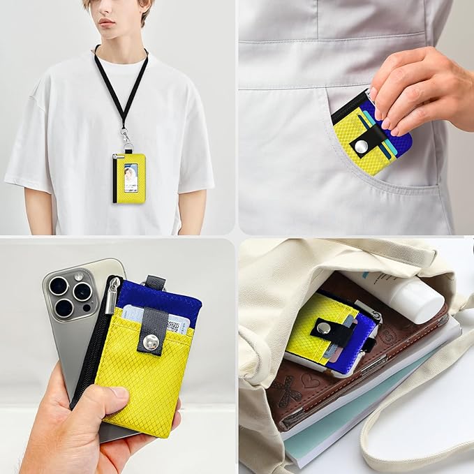 Minimalist RFID Blocking Small Wallet with ID Window,WaterResistant Zip Id Case Wallet with Lanyard Keychain for Cards,Cash,Travel,Women,Men (Lemon Yellow/Sapphire Blue)