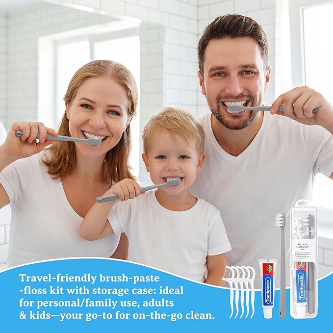 Travel Toothbrush Kit Includes Travel Toothbrushes, 25g Travel Toothpaste, 5 Floss Picks, Storage Case, Individually Packaged, Suitable for Home, Travel, and Hotel Use (4-Pack)