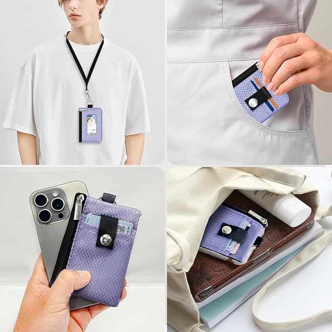 Minimalist RFID Blocking Small Wallet with ID Window,WaterResistant Zip Id Case Wallet with Lanyard Keychain for Cards,Cash,Travel,Women,Men (Lavender Purple)