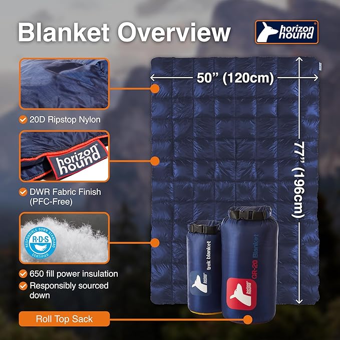 Horizon Hound Down Camping Blanket 650 Fill Power - Ultralight Backpacking Quilt (1lb 6oz) Warm & Water-Resistant 20D Nylon Shell for Outdoors, Camping, Hiking, Travel, & Stadium - Packable