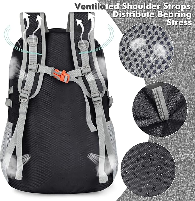 ZOMAKE Lightweight Packable Backpack 30L, Foldable Hiking Backpacks Water Resistant Compact Folding Daypack for Travel(Black)