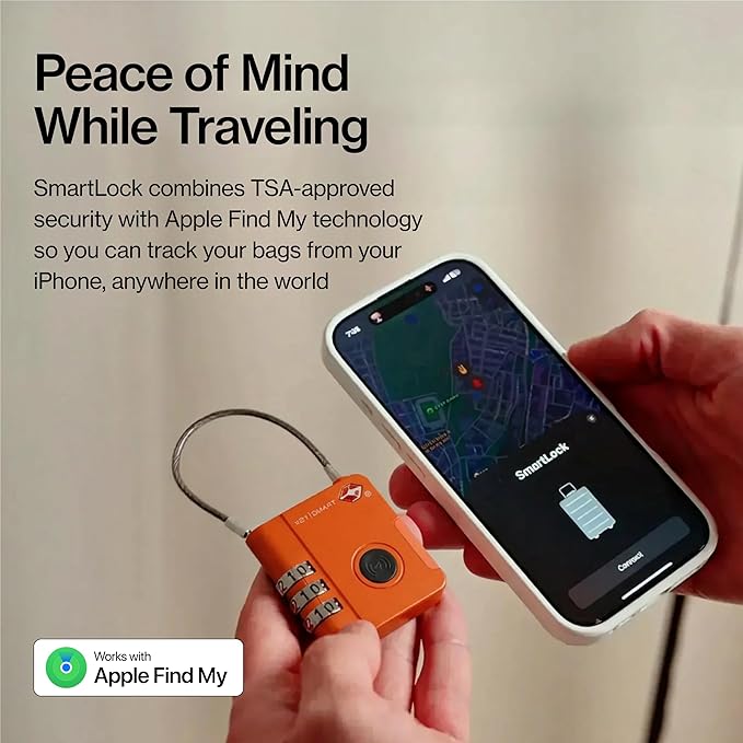 KeySmart SmartLock Tracking Luggage Locks, TSA Locks for Luggage, Combination Lock Compatible with Apple Find My App, Best Travel Essentials, Replaceable Non-Rechargeable Battery (Orange 1 Pack)