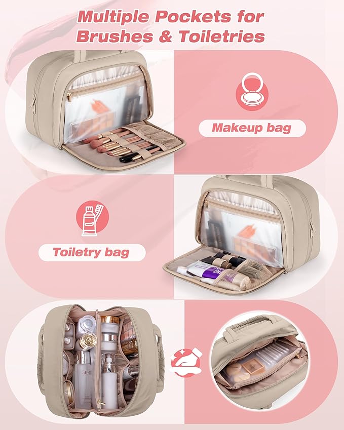 Marscamd Travel Makeup Bag for Women, Puffy Cosmetics & Toiletry Organizer with Leakproof Pockets for Travel-Size Shampoo, Conditioner, Brushes & Essentials - Medium Size, Khaki (Bag Only)