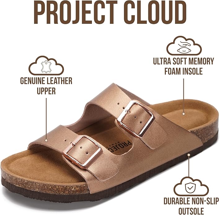 Project Cloud 100% Genuine Leather Flat Sandals For Women 2026 Cork Footbed Womens Sandals with Memory Foam and arch support Vacation Essentials Slides for Women Footwear (Venita)