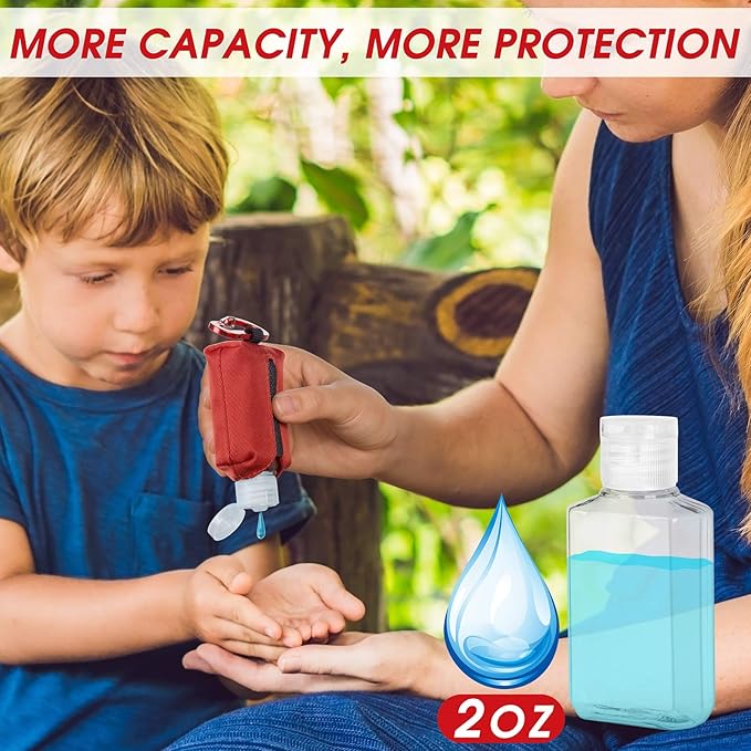 Hand Sanitizer Bottle Case Holder, Travel Size Empty Bottle Refillable Containers for Soap, Lotion, and Liquids - 60ML/2 oz Flip Cap Reusable Bottles with Carabiner Carriers
