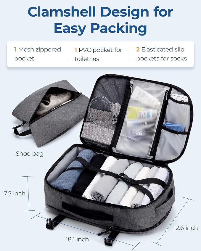 BAGSMART Travel Backpack for Women Men, 40L Flight Approved Carry on Backpack with Shoe Bag, TSA Large Personal Item Backpack with 17 Inch Laptop Compartment, Weekender Suitcase for Travel, Grey