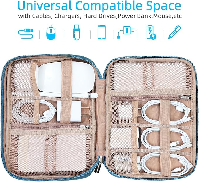 NISHEL Travel Cord Organizer Case, Tech Electronic Bag, Essentials for Charger, Cable, Phone, Hard Drive, USB, SD Card, Lake-Blue
