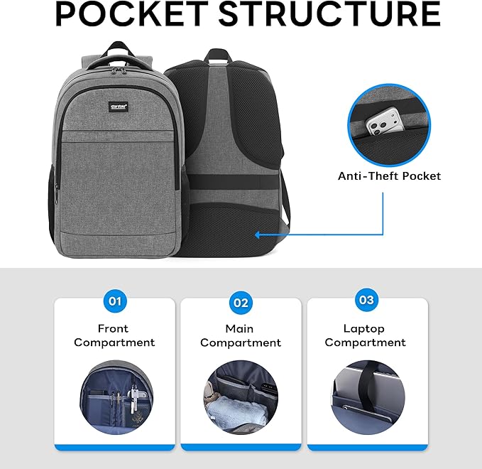 TANTOMI 17 Inch Travel Laptop Backpack for Men Women, Business Laptop Backpack with Anti Theft & USB Charging Port, Water Resistant Durable School Computer Backpack for Travel, Work, Daily Carry