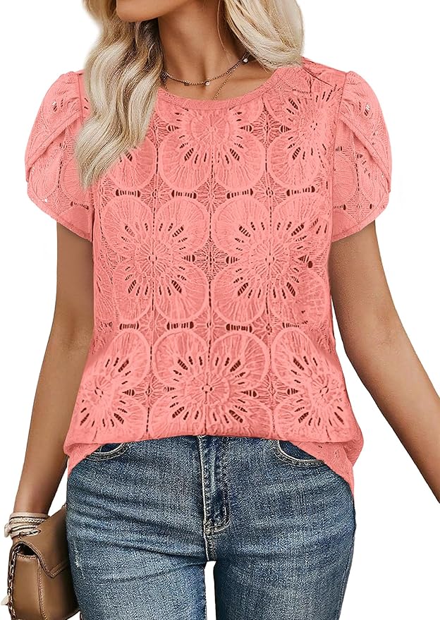 OFEEFAN Blouses for Women Dressy Casual Petal Short Sleeve Shirts Crochet Lace Boho Tops Spring Fashion Summer Outfits