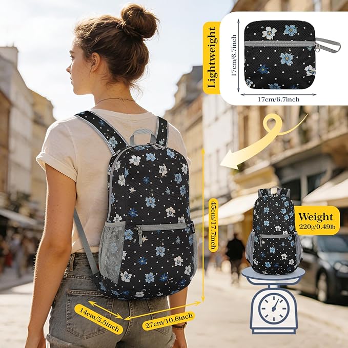ZOMAKE Ultra Lightweight Hiking Backpack 20L, Packable Small Backpacks Water Resistant Daypack for Women Men(Black,Floral pattern)