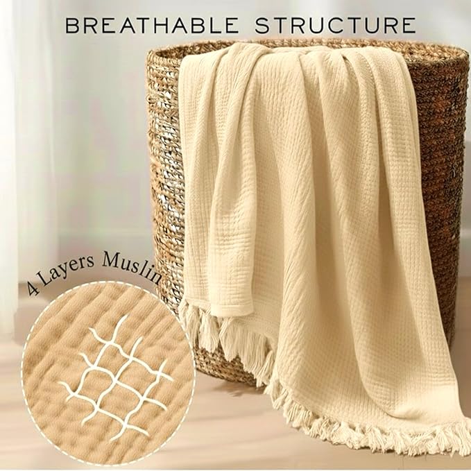KyraHome 100% Organic Cotton Throw Blankets for Adults, Pre-Washed Plant Dyed, Women, Lightweight Breathable, Soft Gauze Blanket for Couch, Summer, All Season, Creamy