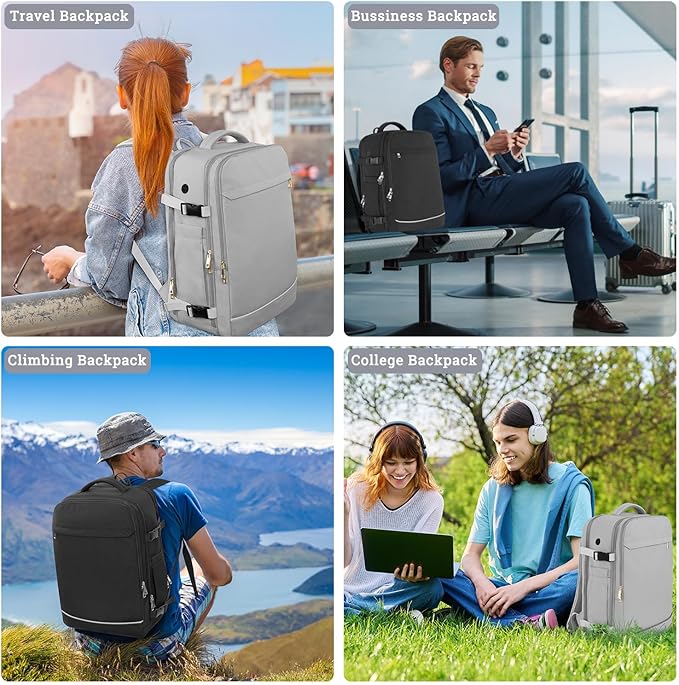 Sinaliy Travel Backpack, 40L 17 inch Laptop Travel Backpack Carry on Flight Approved, Personal Item Travel Bag, Waterproof Backpack for College, Business, Weekend, Work, Gray