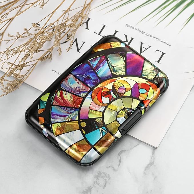 ELFISH Mini RFID Aluminum Wallet Credit Cards Holder Business Card Case Metal ID Case for Men Women (Colorful Glass)